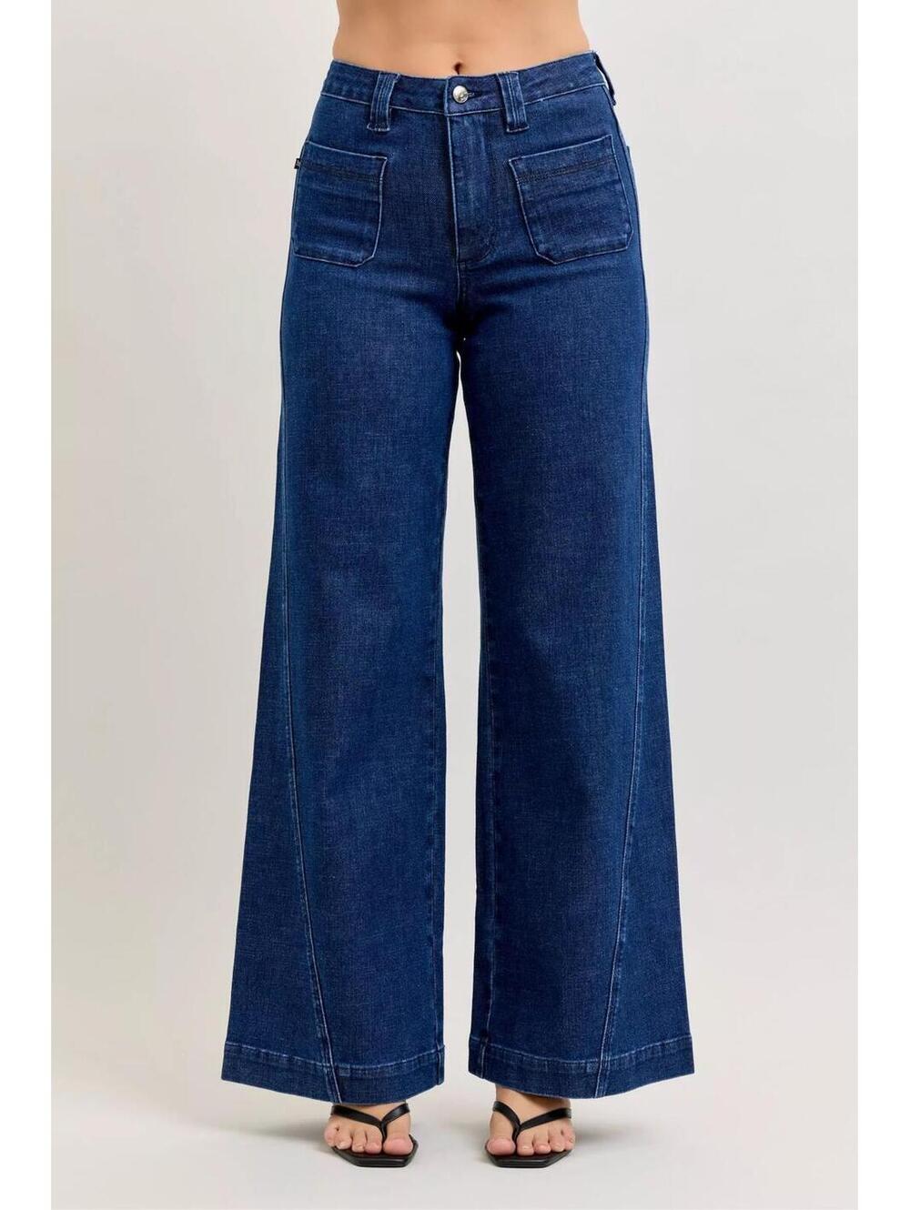 Judy Blue High-Waisted Retro Wide Jeans with Patch Pkts & Twisted Seams